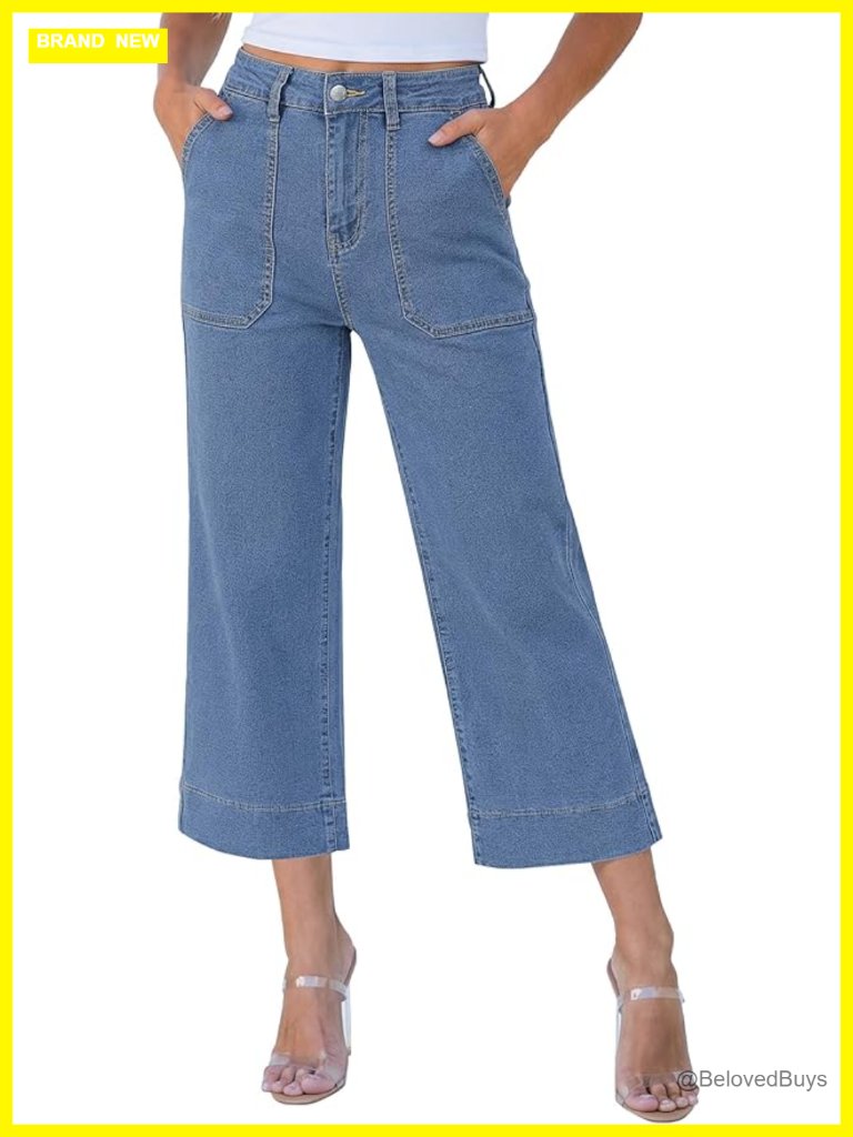 Wide Leg High Waisted Capri Jeans Patch Pocket Cropped Denim